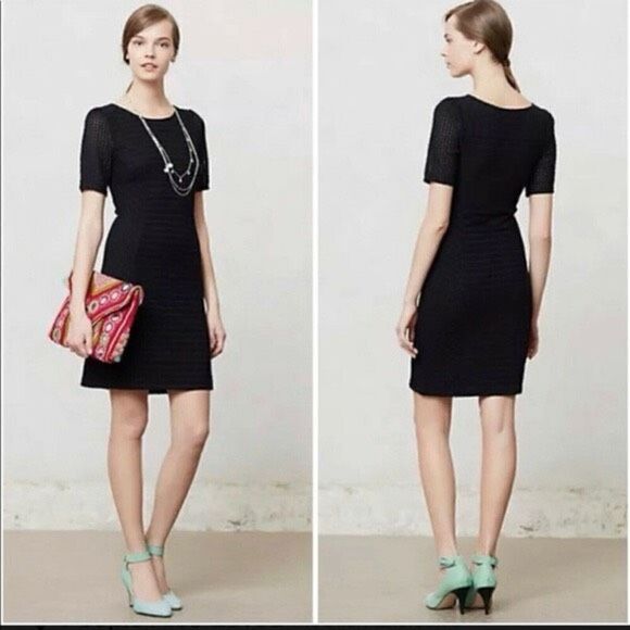 Anthropologie Maeve XS Short Sleeve Textured Mini Dress Black Elevated Basic - Picture 1 of 9